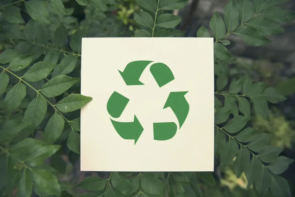 symbol recyklingu na kartce na tle drzew